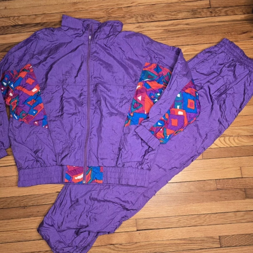 Vintage Womens L Track Suit Sport Wind Breaker Jacket Pants 80s 90s Purple